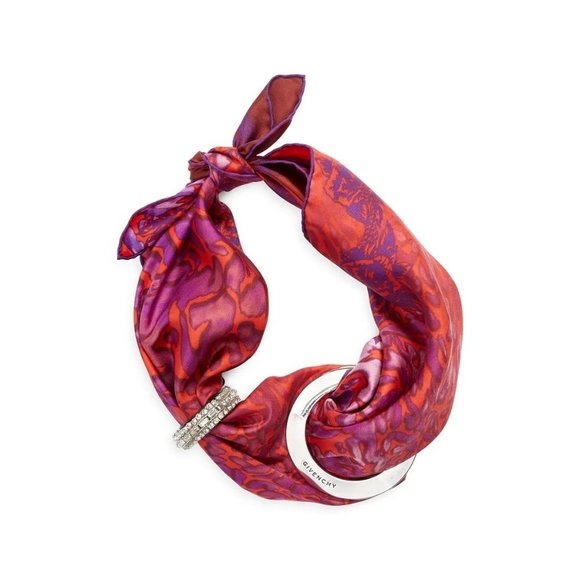 GIVENCHY Logo Eyelet Silk Twill Scarf In Red 26x27 with ring - Picture 2 of 16